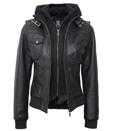 Women's Bomber Black Leather Jacket With Removable Hood