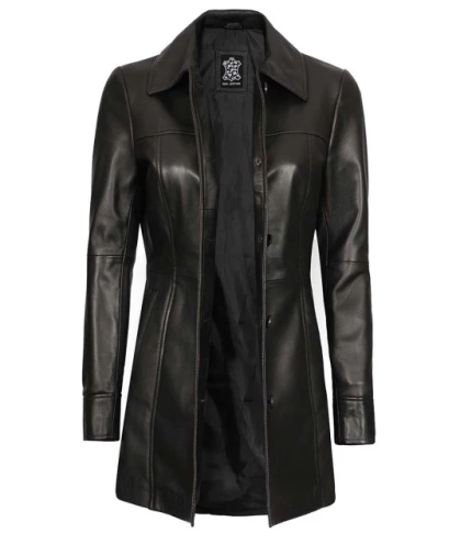 Women's 3/4 Length Genuine Black Leather Coat