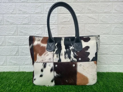 Handmade Real Cowhide Tote Bag – 100% Genuine Patchwork Leather Shoulder Purse